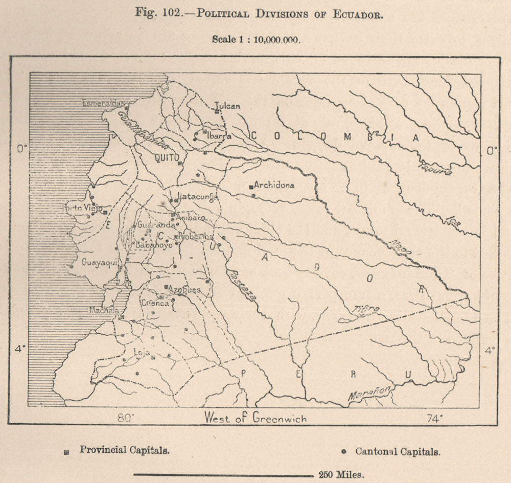 Political divisions of Ecuador 1885 old antique vintage map plan chart